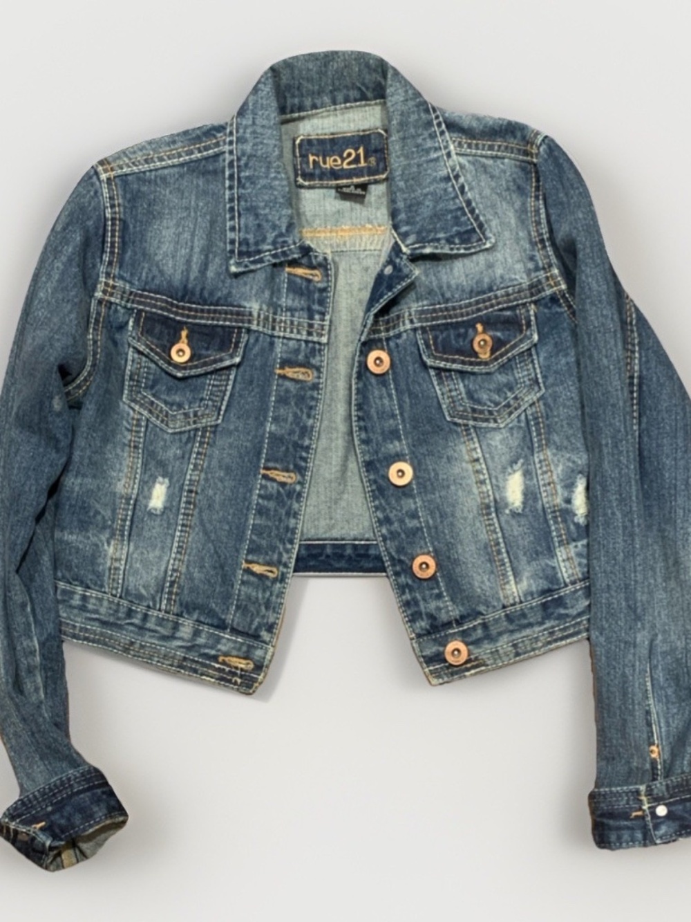 rue21 Blue Jean Jacket S Y2K Distress Collared Button Pocket Long Sleeve SKU051